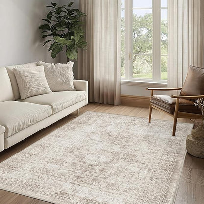 FMFUNCTEX 4x6 Washable Area Rug Neutral Vintage Beige Non Slip Low Pile Traditional Indoor Carpet for Living Room Bedroom Soft Retro Floral Mat Throw Rug for Dining Office Kitchen Dorm Entryway