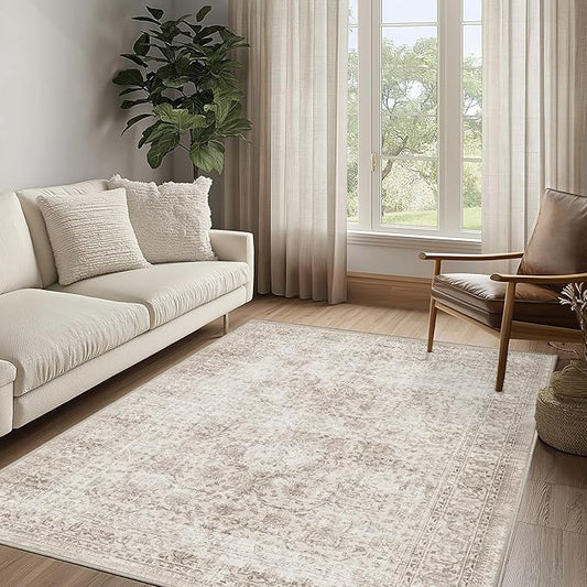 FMFUNCTEX 4x6 Washable Area Rug Neutral Vintage Beige Non Slip Low Pile Traditional Indoor Carpet for Living Room Bedroom Soft Retro Floral Mat Throw Rug for Dining Office Kitchen Dorm Entryway
