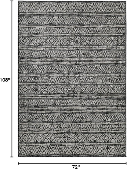 FH Home Outdoor Rug - Waterproof Easy to Clean Stain Resistant - Patio Indoor Outdoor Porch Deck Balcony Entryway - Striped Boho - Amman - Charcoal - 6' x 9'