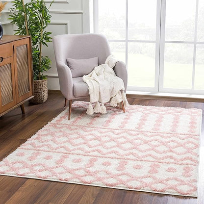 Hauteloom Tilos Moroccan Farmhouse Small Shag Area Rug Door Mat - Shaggy Carpet - Trellis Pattern - High Plush Pile - Cream, Pink, Beige - 2' x 3'