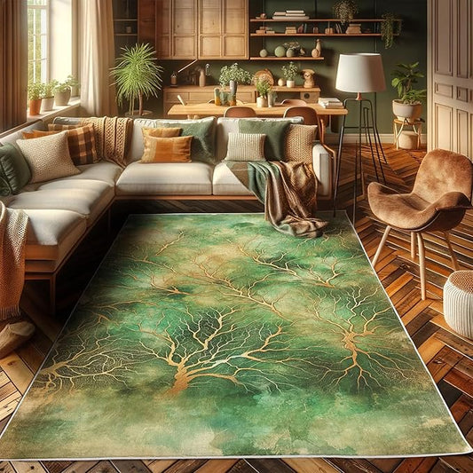 Ambesonne Abstract Decorative Rug, Autumn Leafless Branches with Watercolor Look Dreamy Back Jungle Tones, Quality Carpet for Bedroom Dorm and Living Room, 2' 2" x 3' 7", Jade Green Pale Coffee