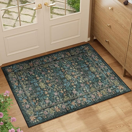 DUKINO 2x3 Entryway Rug, Floral Washable Area Rug with Non Slip Indoor Door Mat, Vintage Low Pile Small Front Door Throw Carpet for Kitchen, Entrance, Bathroom, Bedroom, Blue