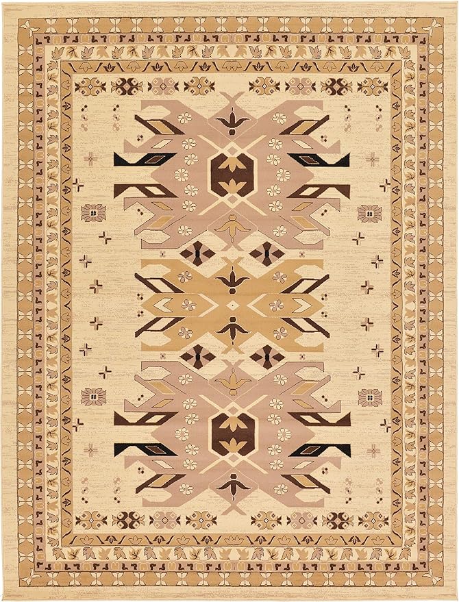 Unique Loom Taftan Collection Border Geometric Tribal Inspired Design Area Rug (9' 0 x 12' 0 Rectangular, Ivory/ Tan)