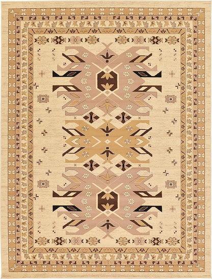 Unique Loom Taftan Collection Border Geometric Tribal Inspired Design Area Rug (9' 0 x 12' 0 Rectangular, Ivory/ Tan)