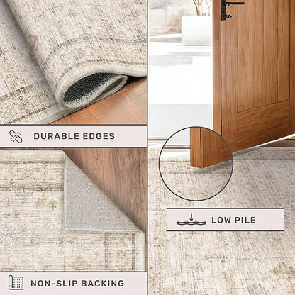 Washable Cream Farmhouse Bathroom Rug, 3x5 Non Slip Area Rugs for Kitchen, Bedroom, Laundry Room, Entryway, Soft Low Pile Neutral Light Beige Décor