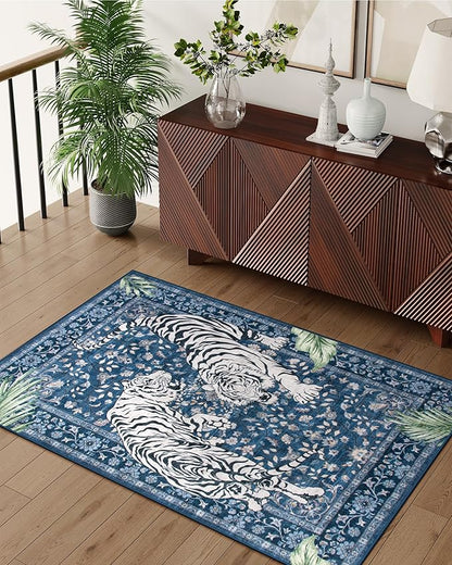 Moynesa Tiger Machine Washable Rug, 3x5 Entry Area Rug Non Slip Vintage Soft Rug for Living Room, Ultra Thin Boho Stain Resistant Kitchen Throw Mat for Entrance Bedside, Blue