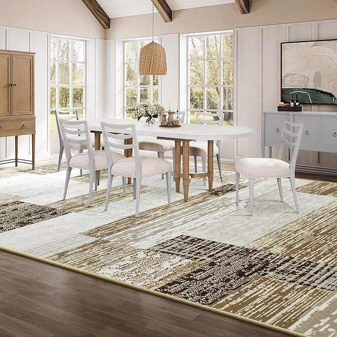 Large Area Rugs,Modern Geometric Patchwork Floor Decor for Bedroom Aesthetic Carpet, Rockwood Collection, Indoor Rugs for Living Room, Dining Room, Nursery, Office, Machine Washable Rug,6x9 Ft Beige
