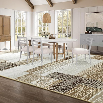 Large Area Rugs,Modern Geometric Patchwork Floor Decor for Bedroom Aesthetic Carpet, Rockwood Collection, Indoor Rugs for Living Room, Dining Room, Nursery, Office, Machine Washable Rug,6x9 Ft Beige