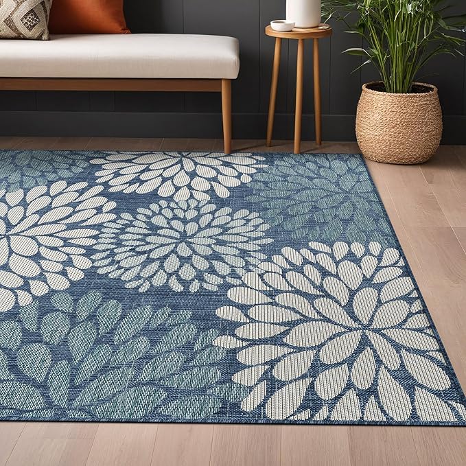 Beverly Rug Outdoor Rug 5x7 Modern Exotic Tropical Leaf Area Rugs for Indoor and Outdoor Patio Deck Porch Garden Water Resistant Washable Outside Carpet (5 x 7 Blue)