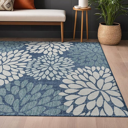 Beverly Rug Outdoor Rug 5x7 Modern Exotic Tropical Leaf Area Rugs for Indoor and Outdoor Patio Deck Porch Garden Water Resistant Washable Outside Carpet (5 x 7 Blue)