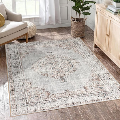 Easy-Going Area Rug 4x6 Washable Boho Rugs for Living Room Non-Slip Bedroom Rug Low Pile Lightweight Vintage Distressed Throw Rug for Dining Room Kitchen Home Office Carpet, Grey Brick