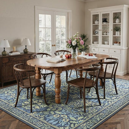 Bavni Floral Dark Blue Area Rugs 8x10, Vintage Boho Carpet Machine Washable, Non Slip Soft Low Pile Thin Rug for Bedroom, Living Room, Dining Room, Nursery