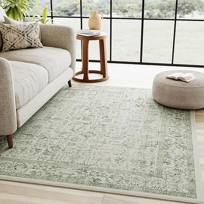 Sage Green Area Rug 4x5 Washable Office Entryway Carpet Vintage Distressed Non Slip Kitchen Indoor Entry Neutral Low Pile Retro Floral Farmhouse Throw Mat for Laundry Dining Room Bedroom