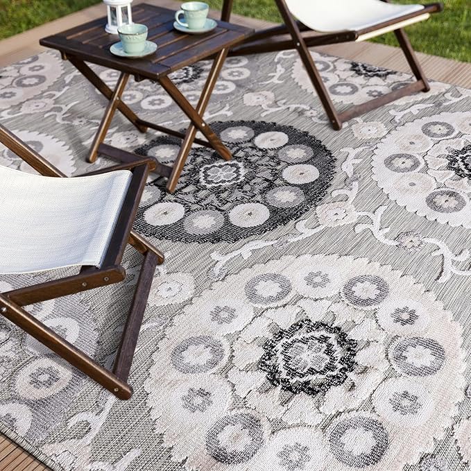 CAMILSON Indoor Outdoor Rug 6x9 Bohemian Medallion Floral Area Rugs for Indoor and Outdoor Patios Easy-Cleaning Non-Shedding Living Room Garden and Kitchen Washable Outside Carpet (6 x 9 / Gray)
