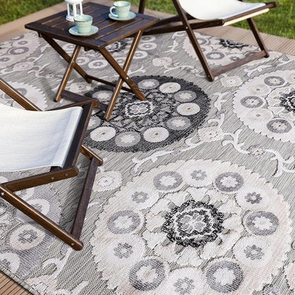 CAMILSON Indoor Outdoor Rug 10x14 Bohemian Medallion Floral Area Rugs for Indoor and Outdoor Patios Easy-Cleaning Non-Shedding Living Room Garden and Kitchen Washable Outside Carpet (10 x 14 / Gray)