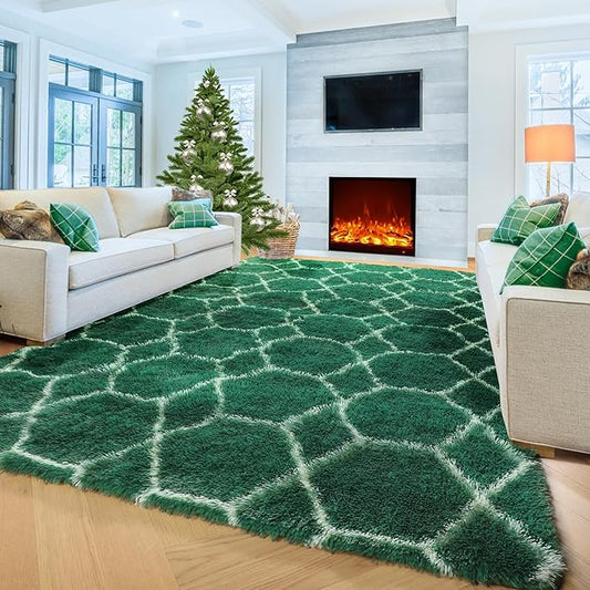 ONASAR Area Rugs for Living Room Bedroom, 5x8 Washable Fluffy Dark Green and White Rug, Geometric Boho Soft Plush Shaggy Fuzzy Floor Carpet for Nursery Kids Girls Boys Teen Dorm Home Decor Aesthetic