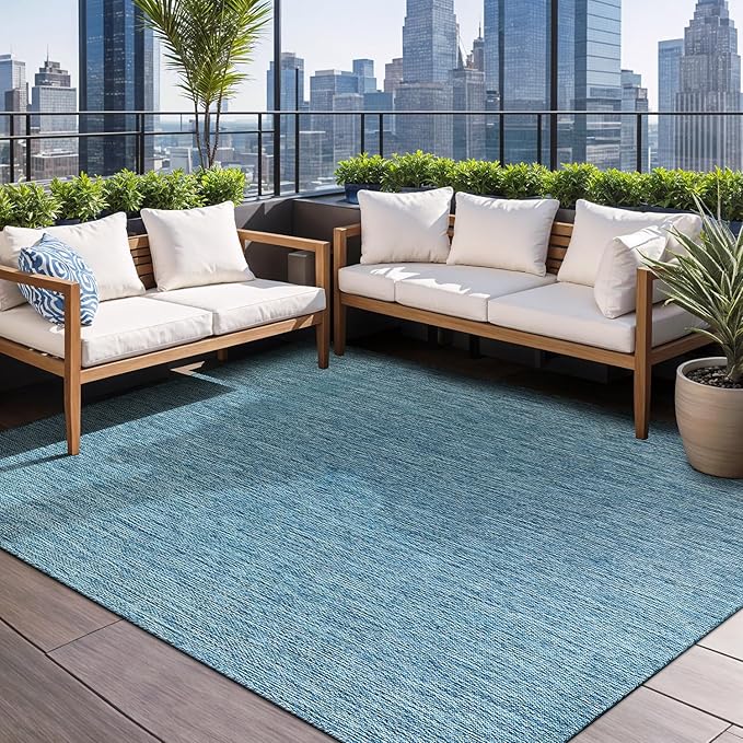 Beverly Rug Indoor Outdoor Rug 5x7, Washable Outside Carpet for Patio, Deck, Porch, Solid Modern Area Rug, Water Resistant, Aqua Blue