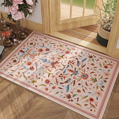 Vintage Medallion Floral Indoor Door Mat 2x3, Machine Washable Entryway Rug, Low Pile Soft Small Carpet, Non-Slip Area Rug for Entrance, Bedroom, Kitchen & Kids Room | Pink