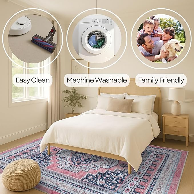 Fame Rugs Turkish Rug. Washable Vintage Oriental Antique Inspired Traditional Doormat Small Modern Area Rugs Luxury Entryway Entry Bedroom Bathroom Kitchen (399TN, 7'5 x 9'9)