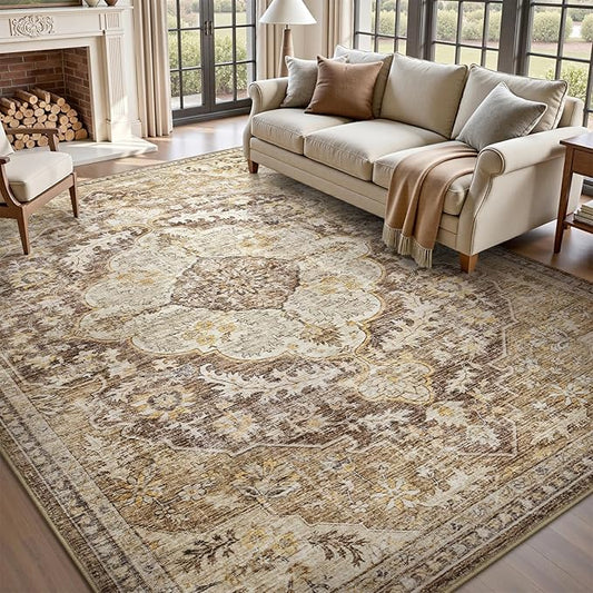 tchdio 5x7 Area Rugs for Living Room, Vintage Non Slip Washable Rug, Soft Low Pile Area Rug Large Floor Indoor Carpet for Bedroom, Dining Room, Office (Brown, 5'x7')