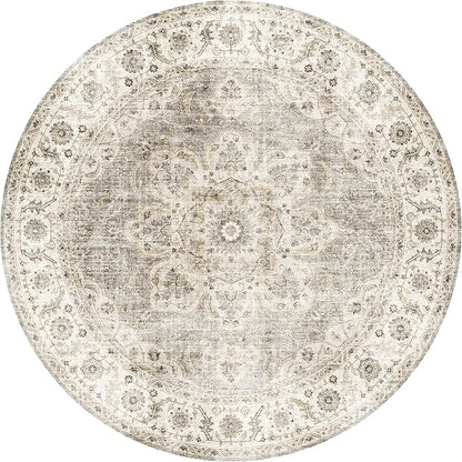 ReaLife Rugs Machine Washable Area Rug - Living Room Bedroom Bathroom Kitchen Entryway Office - Padded Low Pile Stain Resistant Premium - Boho Farmhouse Vintage - Joy - Beige Ivory 6' Round