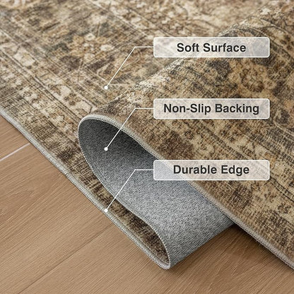FMFUNCTEX 10x14 Washable Area Rug Brown Vintage Neutral Distressed Large Non Slip Carpet for Living Room Bedroom Soft Low Pile Indoor Mat Retro Floral Throw Rug for Dining Room Kitchen Office Nursery