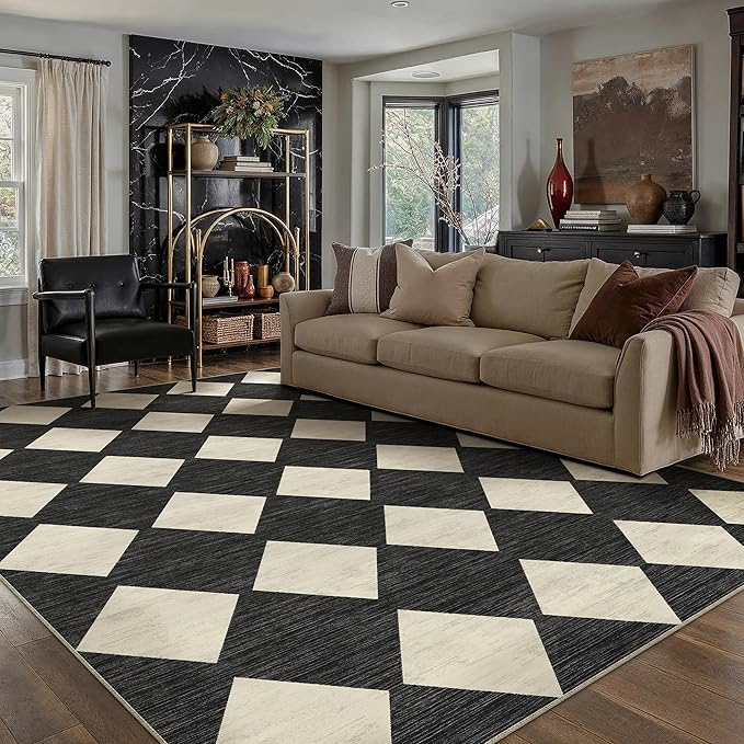 6x9 Checkered Area Rugs for Living Room Black Machine Washable Large Rug Non-Slip Stain Resistant Low Pile Boho Accent Indoor Throw Carpet for Bedroom Dining Room Classroom
