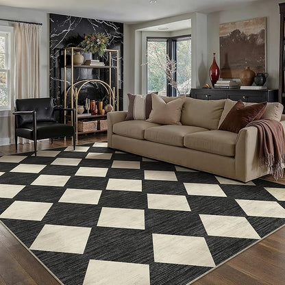 5x7 Checkered Area Rugs for Living Room Black Machine Washable Large Rug Non-Slip Stain Resistant Low Pile Boho Accent Indoor Throw Carpet for Office Bedroom Dining Room Classroom