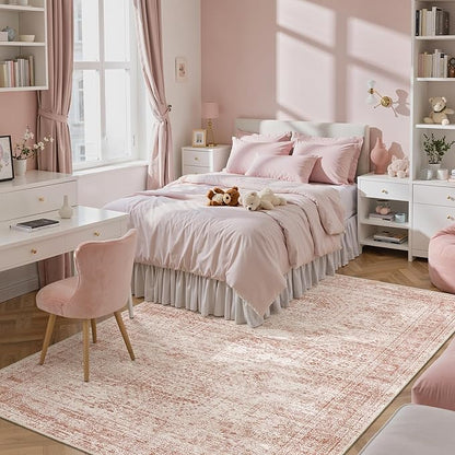 5x7 Area Rugs Pink Low Pile Indoor Washable Trendy Faded Style Rugs for Bedroom Living Room Dining Room Foldable Non-Slip Thin Print Mat