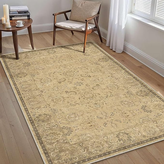 HUGEAR 3x5 Machine Washable Area Rugs Vintage Brown - Neutral Non Slip Stain Resistant Low Pile Aesthetic Throw Carpet Kids & Pet Friendly for Living Room Kitchen Dining Room Laundry