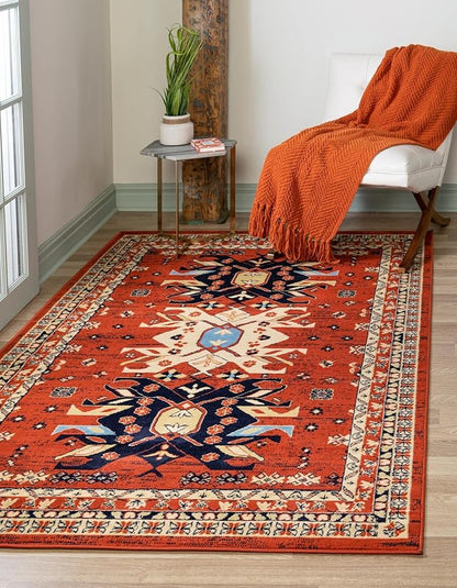 Unique Loom Taftan Collection Border Geometric Tribal Inspired Design Area Rug (6' 0 x 9' 0 Rectangular, Terracotta/ Ivory)