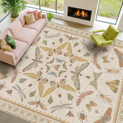 Large Western Rugs for Living Room - 10x14 Insect Area Rug for Dining Room Under Kitchen Table, Washable Low Pile Soft Boho Butterfly Decor