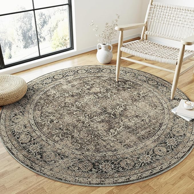 Brown Round Area Rug 6ft Washable 6x6 Circle Vintage Low Pile Indoor Large Kitchen Living Room Carpet Non Slip Traditional Distressed Retro Accent Throw Rug Office Dining Room