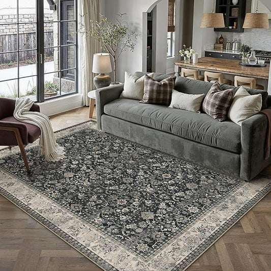 HUGEAR 5x7 Machine Washable Rugs Black Beige Hallway Area Rug Indoor Accent Rug Floral Low Pile Carpet Soft Throw Aesthetic Rug Bedroom Living Room Office Dining Room Laundry Room Non Slip