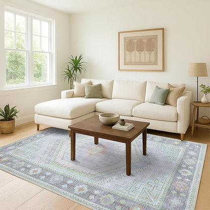 Fame Living Washable Area Rug. Modern Farmhouse. Vintage. Turkish. Bohemian. Distressed. Oriental. Traditional. Rugs for Living Room. Dining. Bedroom. Office. Entryway. Foyer. (856GrnCrm, 5' x 6'9")