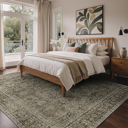 8x10 Area Rug Machine Washable Boho Rug for Living Room,Ultra-Thin Low Pile Carpet,Lightweight Indoor Printed Rug,Non Slip Floral Area Rug for Bedroom, Dining Room, Home Office,Vintage Sage Green