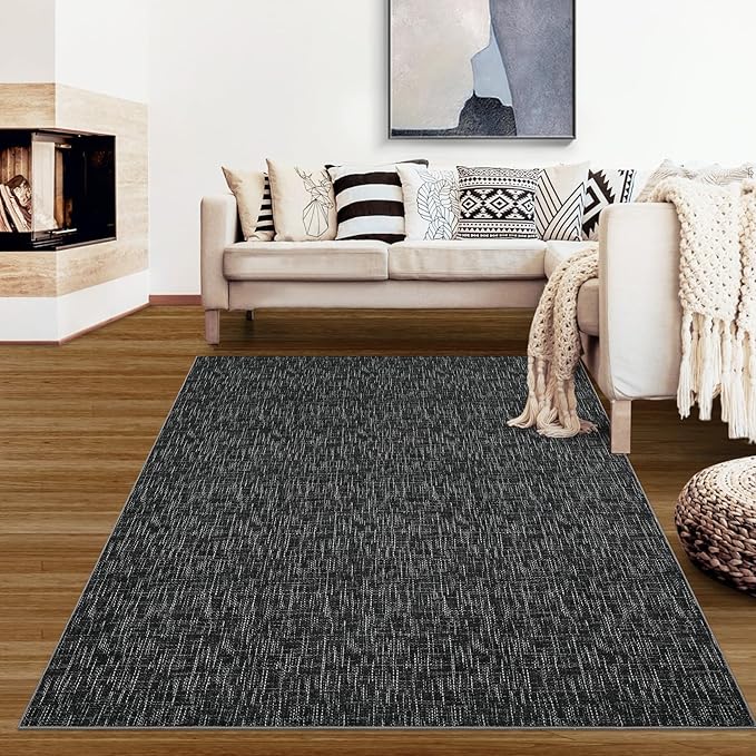 RUGSREAL 6x9 Large Bedroom Area Rug Soft Modern Area Rug for Living Room Non-Slip Stain Resistant Abstract Bedroom Throw Floor Carpet Contemporary Rug Solid Rug for Dining Room Office, Black