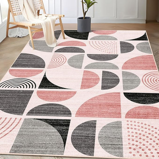 MUJOO Pink Rug Boho Washable,3x5 Area Rugs for Bedroom Entryway Living Room Bedside,Small Throw Floor Carpet Non Slip Soft Indoor Modern Abstract Pink and Grey
