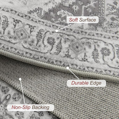 XWZO Entryway Area Rug 2x3ft — Soft Vintage Low Pile Non-Slip Backing Door Floor Mat for Bedroom Bathroom Kitchen Laundry, Spill Resistant Washable Small Indoor Carpet for Doorway & Entrance, Grey
