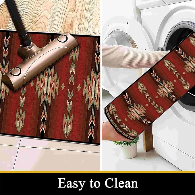 Red Arrow Runner Rug, 2x7ft Retro Geometric Hallway Runner Rug - Corridor & Busy Home Foyer Rugs, Washable Flannel Non-Slip Mat, Southwestern Tribe Decor Carpet for High-Traffic Areas