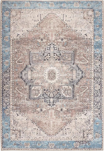 GLN Rugs Traditional Collection - Machine Washable Area Rug, Traditional Washable, Non Slip, Low Pile Chenille Rug, Living Room, Bedroom, Kitchen Rug (4' x 6' Brown/Blue)
