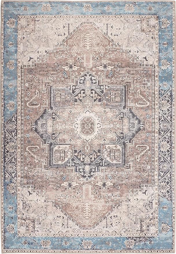 GLN Rugs Traditional Collection - Machine Washable Area Rug, Traditional Washable, Non Slip, Low Pile Chenille Rug, Living Room, Bedroom, Kitchen Rug (5' x 7' Brown/Blue)