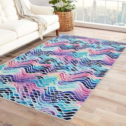 Colorful Wave Rug, 3x4 Rug, Abstract Watercolor Rugs for Living Room Bedroom, Watercolor Small Area Rug, Washable Rug Non Slip Soft Indoor Carpet, Colorful Wave Home & Room Decor