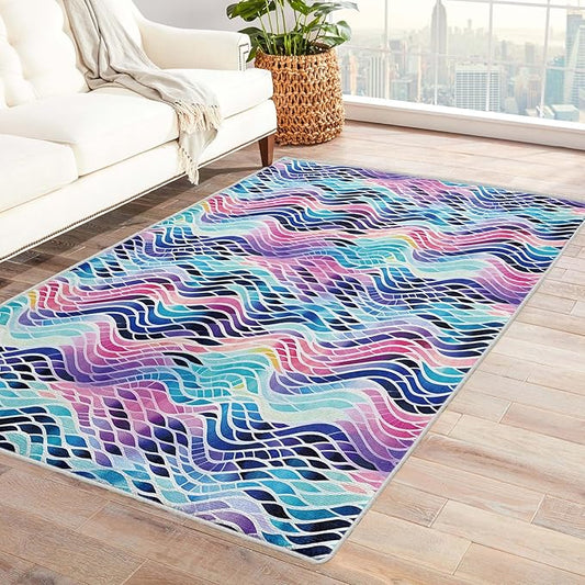 Colorful Wave Rug, 6x9 Rug, Abstract Watercolor Rugs for Living Room Bedroom, Watercolor Large Area Rug, Washable Rug Non Slip Soft Indoor Carpet, Colorful Wave Home & Room Decor