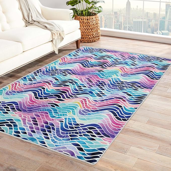 Colorful Wave Rug, 4x6 Rug, Abstract Watercolor Rugs for Entryway, Watercolor Large Area Rug, Washable Rug Non Slip Soft Indoor Carpet, Kids and Pets Friendly, Colorful Wave Home & Room Decor