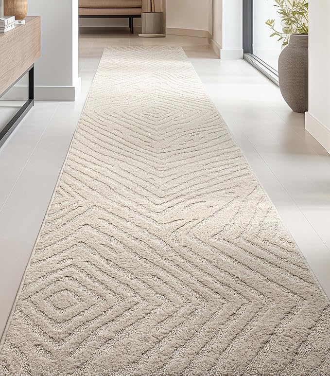 Well Woven Custom Size Hallway Stair Runner - Choose Your Length - 27 Inches Wide x 90 Feet Long Runner (27" x 90' Runner) Rug - Ivory Relajo Soft Touch, Modern Geometric - Hi-Lo Pile