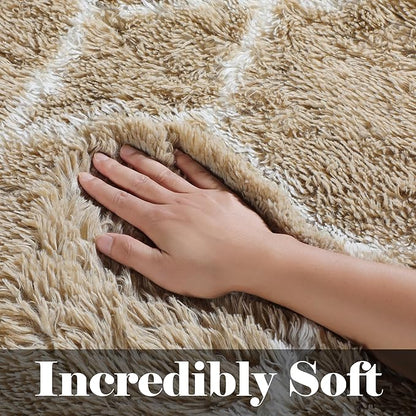 ONASAR Rugs for Living Room Bedroom, 5x8 Washable Fluffy Beige and White Area Rug, Geometric Boho Soft Plush Shaggy Fuzzy Floor Carpet for Nursery Kids Girls Boys Teen Dorm Home Decor Aesthetic