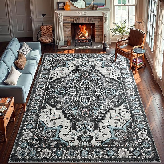 YJ.GWL Area Rugs for Living Room 9x12 Machine Washable Rugs, Non Slip Floral Vintage Rug Indoor Carpet, Stain Resistant Large Rug for Bedroom Dining Room, Black Grey Blue