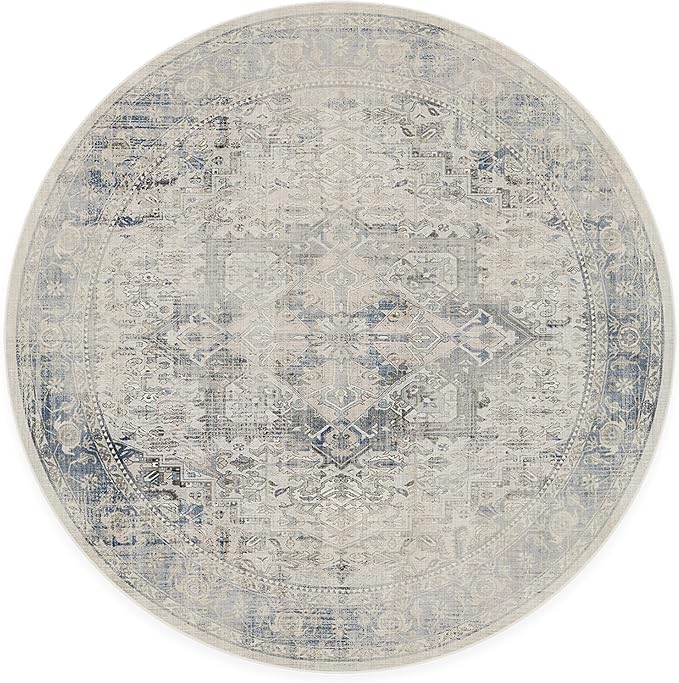 RUGGABLE Washable Vintage Area Rug – Kamran Blue Quartz 6 ft Round, Stain-Resistant, Non-Slip – Medium Machine Washable Rugs for Living Room, Bedroom, Hallway, Entryway & Office–with Cushioned Pad