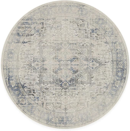 RUGGABLE Washable Vintage Area Rug – Kamran Blue Quartz 6 ft Round, Stain-Resistant, Non-Slip – Medium Machine Washable Rugs for Living Room, Bedroom, Hallway, Entryway & Office–with Cushioned Pad
